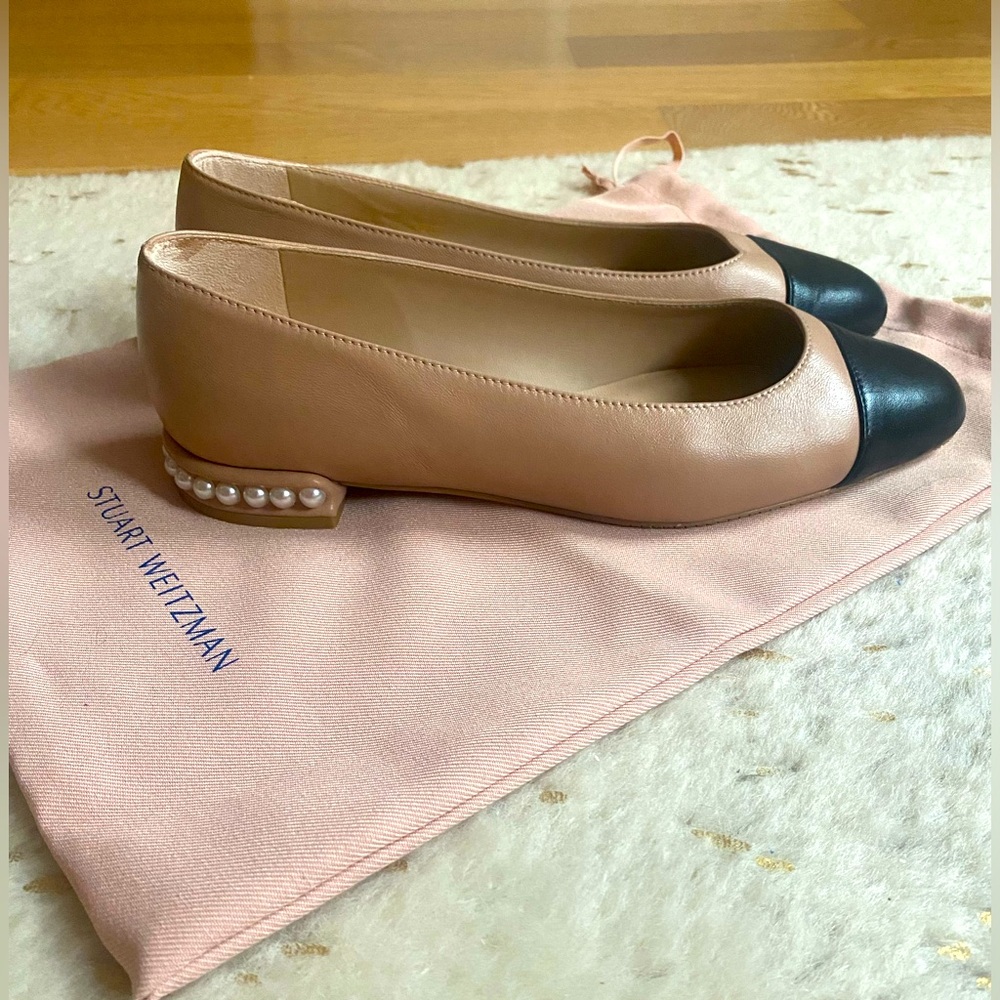 Stuart Weitzman Pearl-Embellished Two Tone Leather Flats